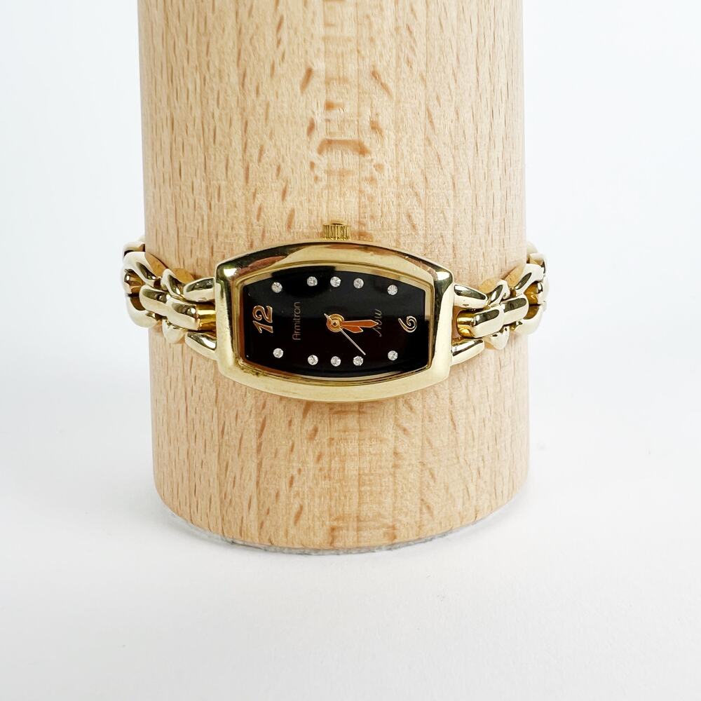 Vintage Armitron gold ladies narrow wrist watch black and rhinestone face - Picture 5 of 10